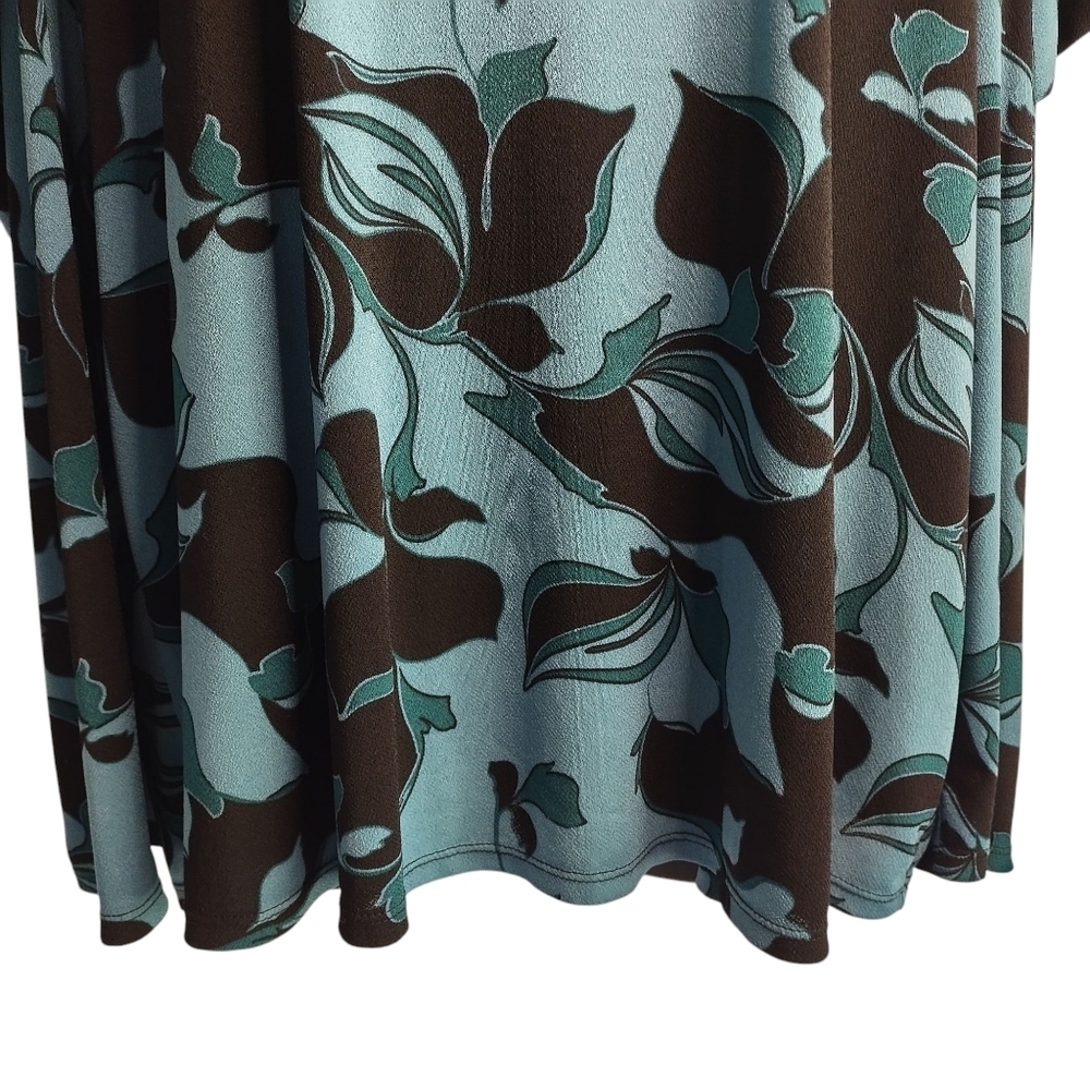 Cato Top Blouse Womens Teal Blue Black Floral Mock Neck Ruched Shoulder Sz 18/20 - Picture 4 of 10